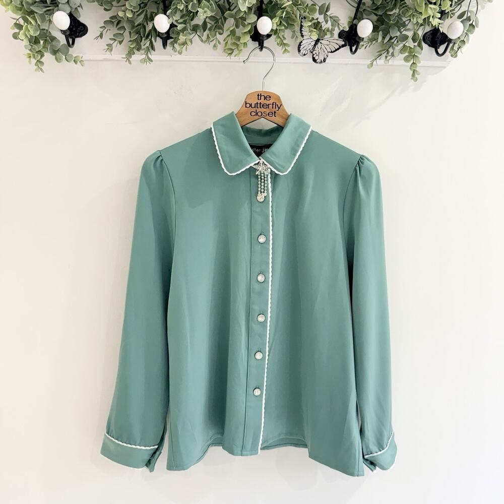 Sister Jane Green Vela Star Blouse pearl Button Up Long Sleeves Size M NWT JJ29